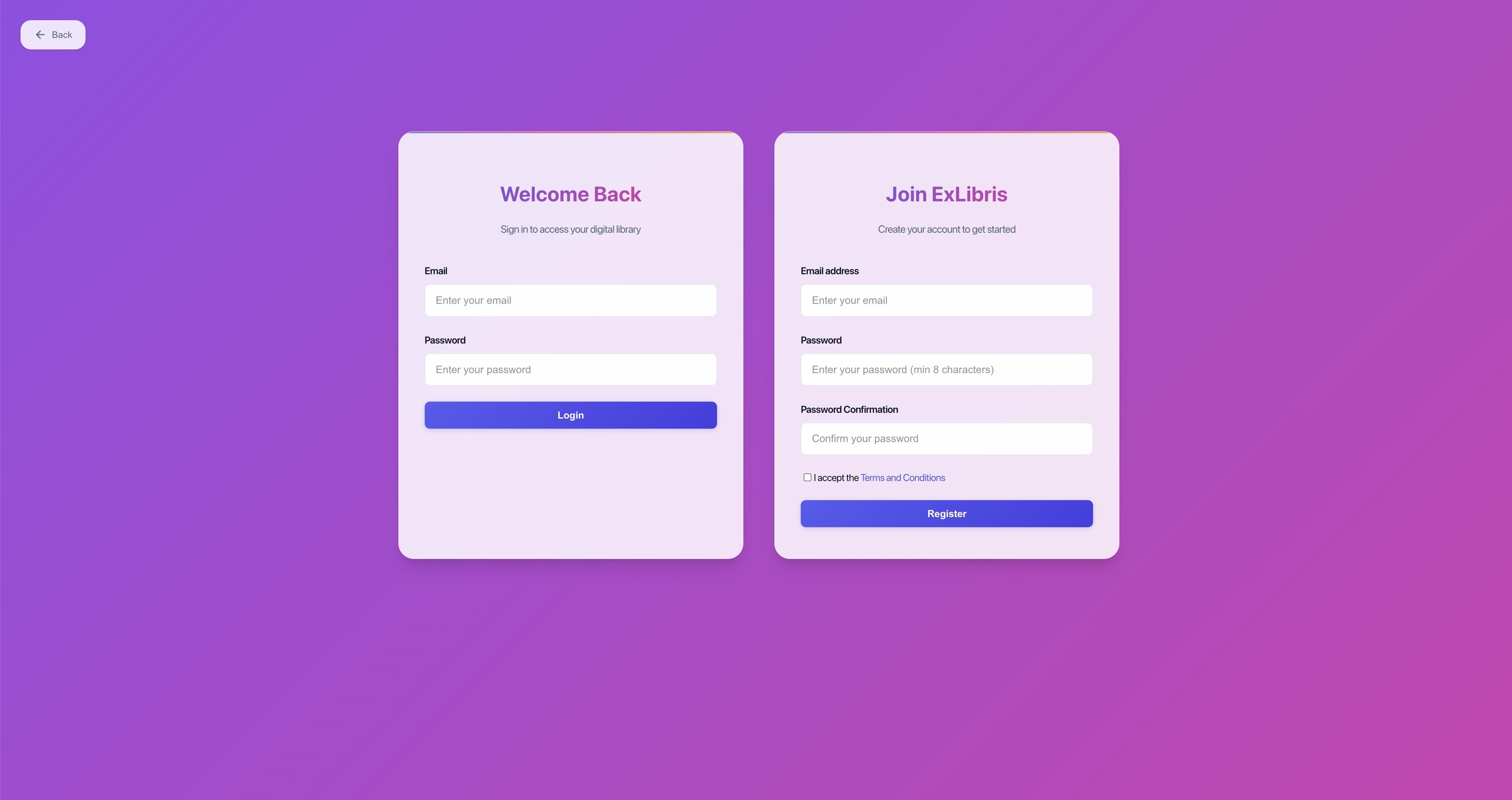 ExLibris account creation and login forms showing simple registration process