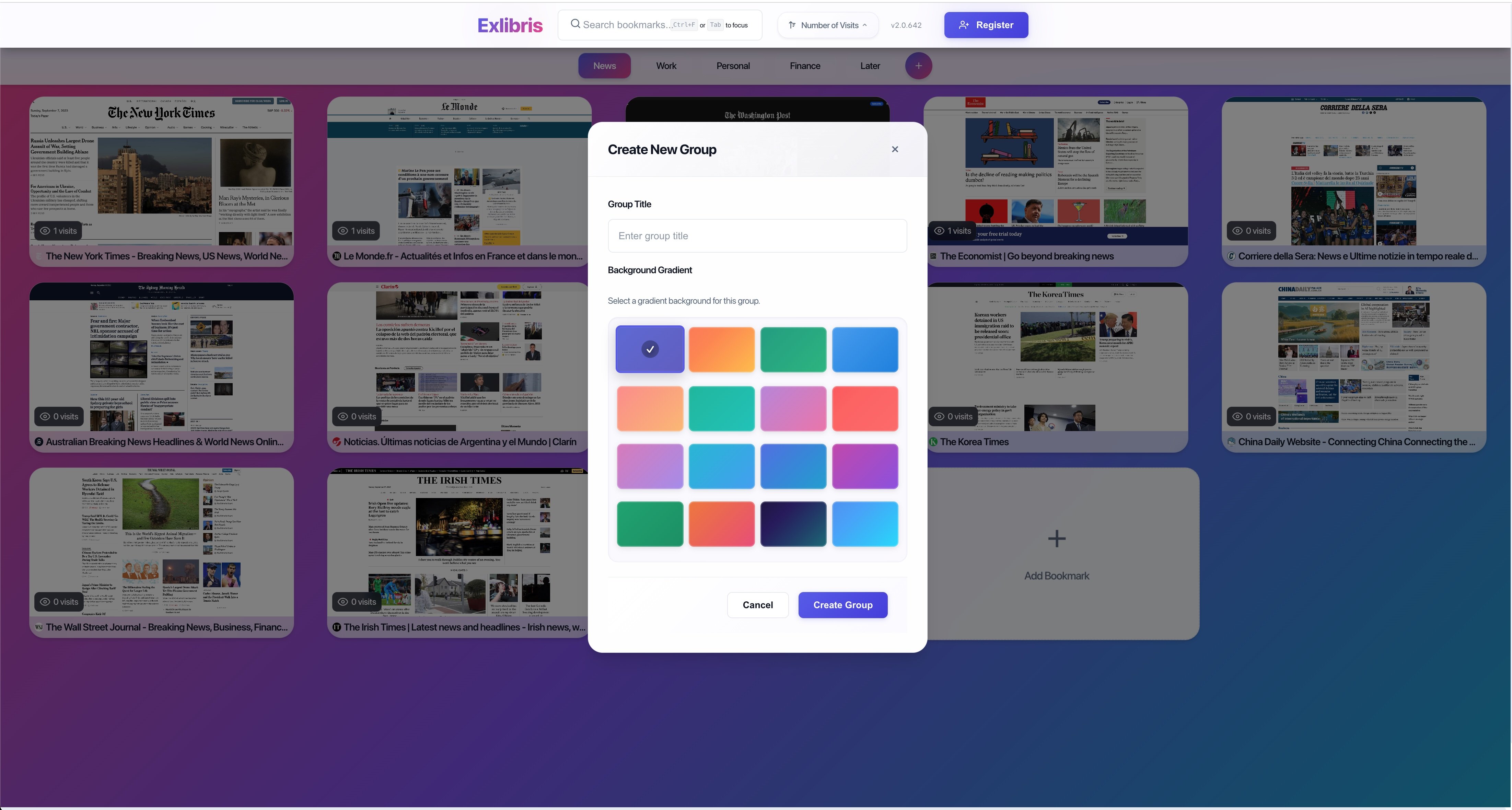 Create New Group dialog in ExLibris showing customization options with colorful backgrounds