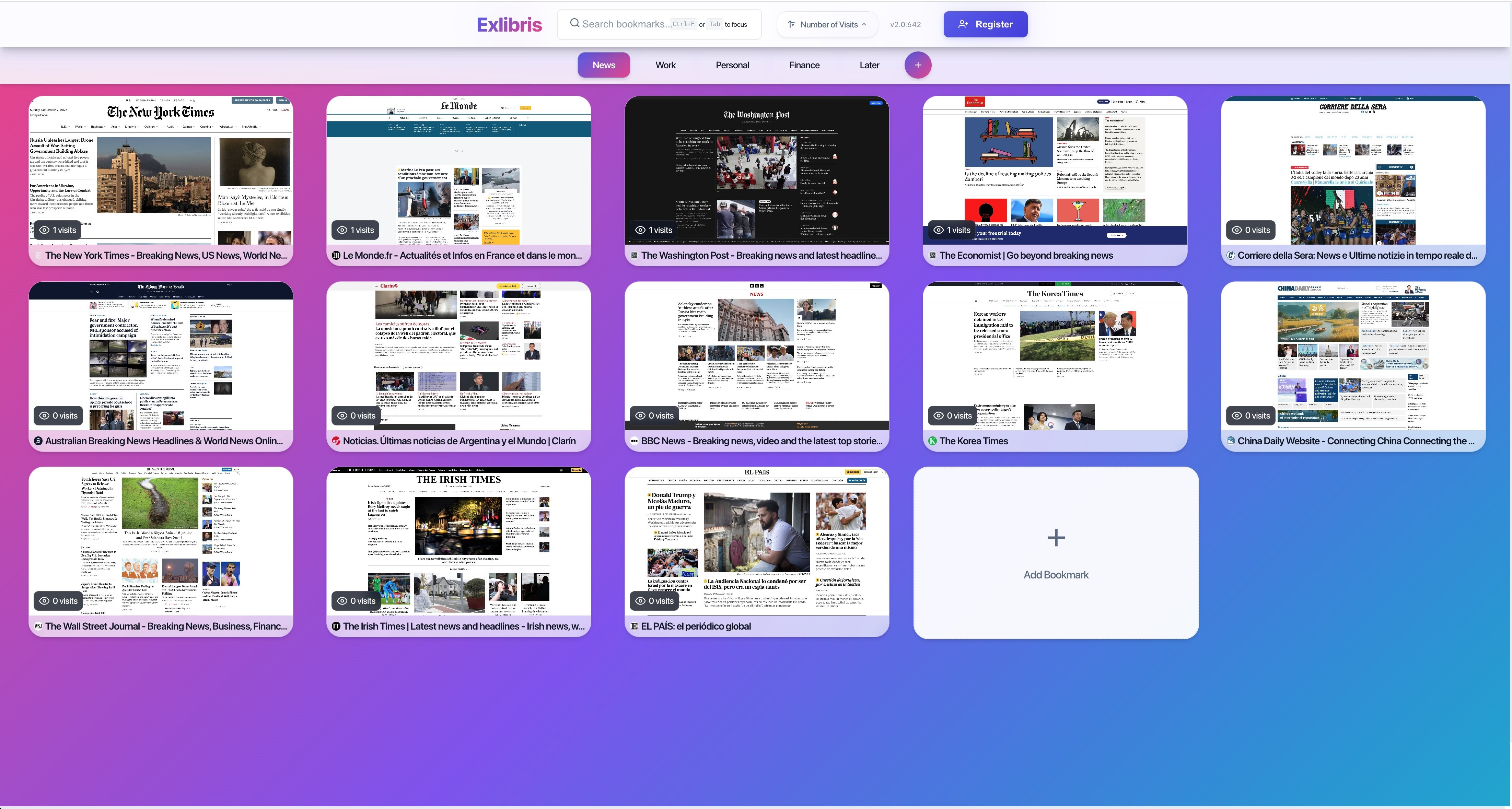 ExLibris browser extension interface showing organized bookmarks with tags and categories